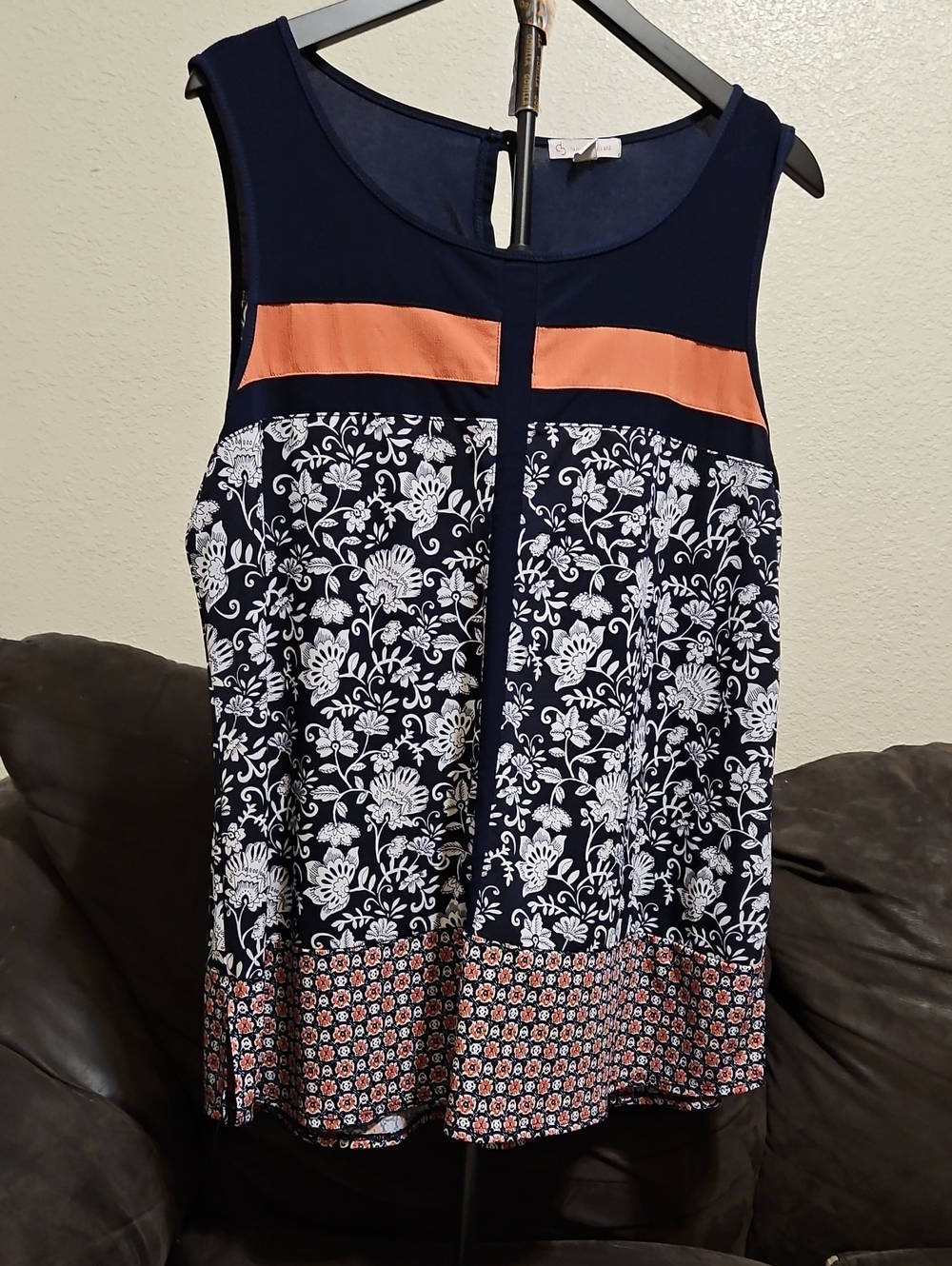 Sleeveless Navy Floral Tank with Coral Accent